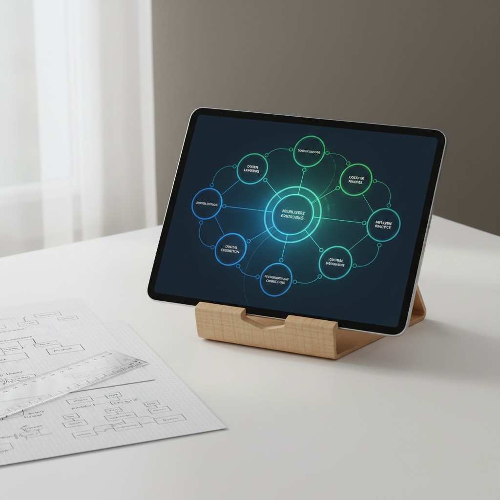 Desk with digital tablet having a diagram on the screen.