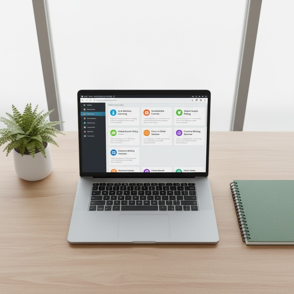 Laptop screen displaying a course catalogue with a plant and notebook on the side.