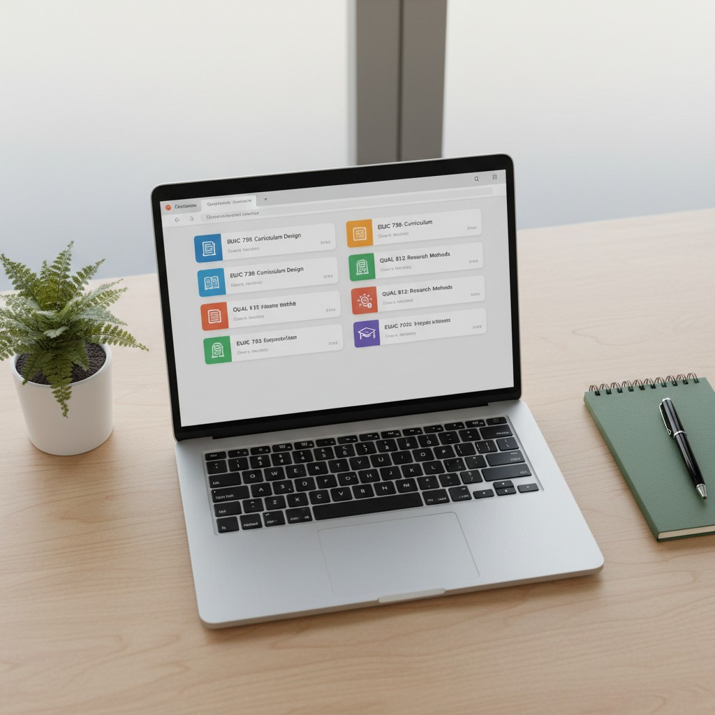 A laptop sits on a light wooden desk, with its screen open and displaying a list of course topics. The laptop is accompani...