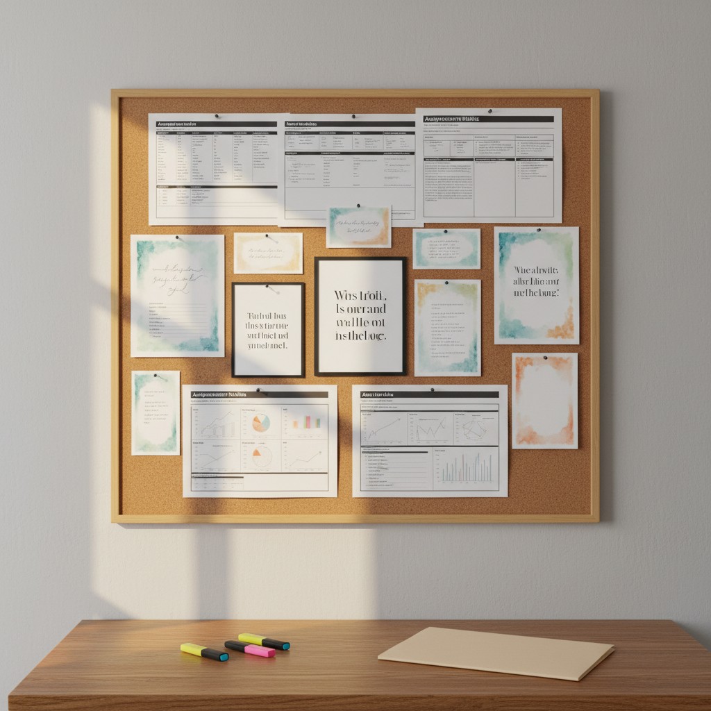 title A corkboard with various papers and notes pinned to it, set against a white wall and a wooden desk with a few colorful mar...